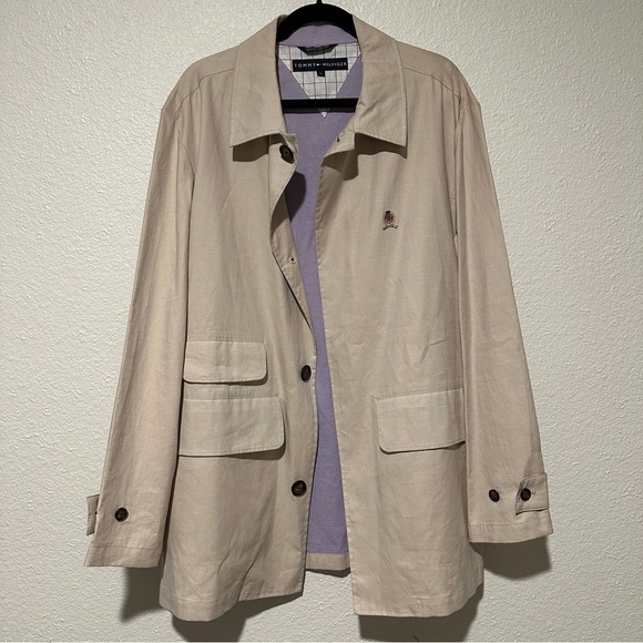 TOMMY HILFIGER Vintage 100% Cotton Business Man Trench Coat RARE Cream Tan Sz. L - Picture 3 of 11